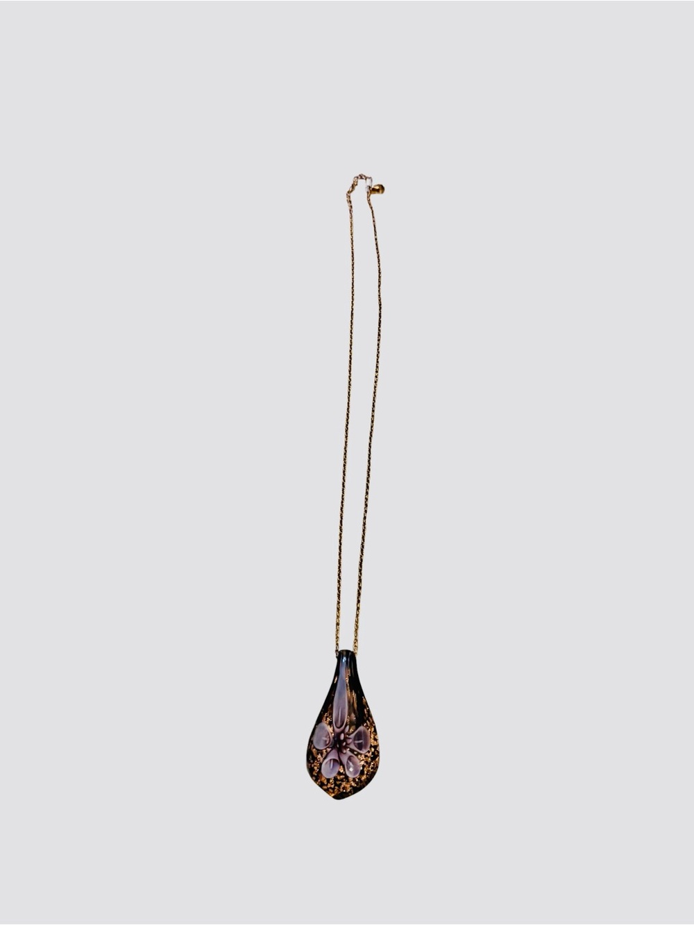 Vintage Murano Style Art Glass Pendant Necklace Lavender Flower & Gold 26" Chain - Picture 9 of 9